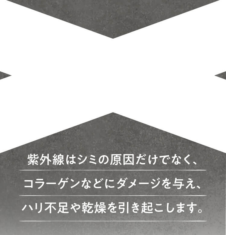 紫外線はシミの原因だけでなく、コラーゲンなどにダメージを与え、ハリ不足や乾燥を引き起こします。