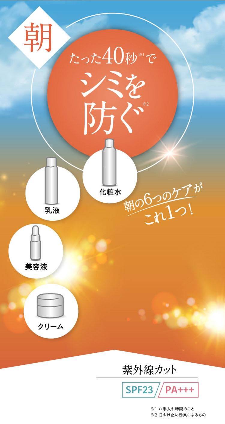 朝 たった40秒※1でシミを防ぐ※2 朝の６つのケアがこれ1つ！紫外線カット［SPF23］［PA+++］※1 お手入れ時間のこと ※2 日やけ止め効果によるもの ※化粧水・乳液・美容液・クリーム・