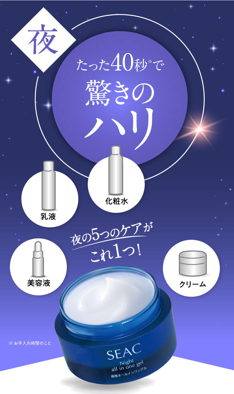 夜 たった40秒※1で驚きのハリ 夜の5つのケアがこれ1つ! ※1 お手入れ時間のこと ※化粧水・乳液・美容液・クリーム・