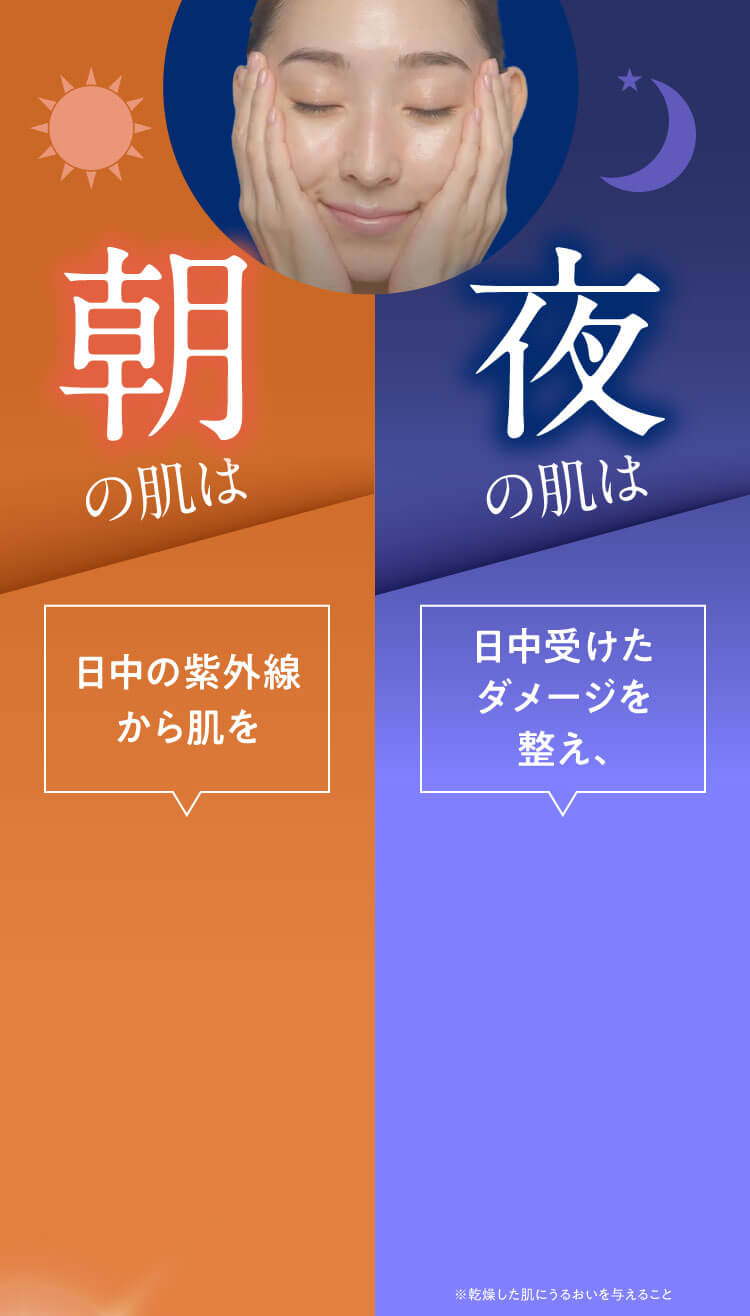Skin Care Points ・朝の肌は 日中の紫外線から肌を守る ・夜の肌は 日中受けたダメージを整え、育てる※ ※乾燥した肌にうるおいを与えること