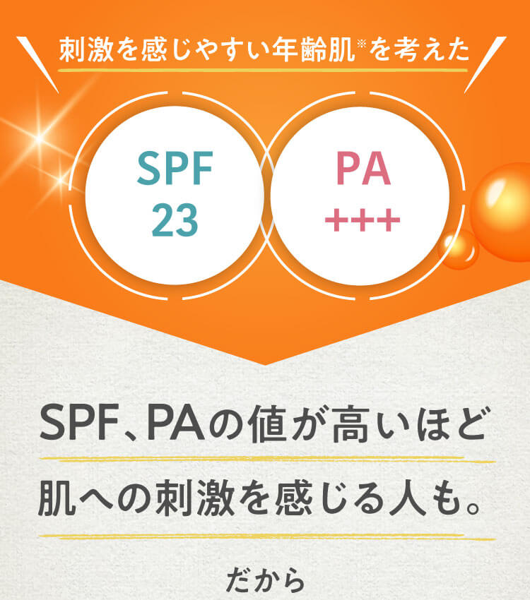 刺激を感じやすい年齢肌※を考えた［SPF23］［PA+++］SPF、PAの値が高いほど肌への刺激を感じる人も。だから