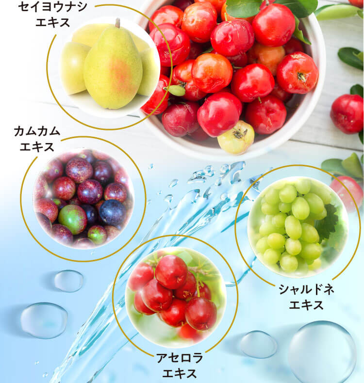 セイヨウナシエキス・カムカムエキス・シャルドネエキス・アセロラエキス