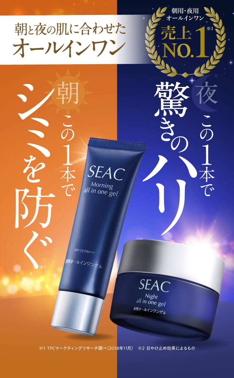 朝と夜の肌に合わせたオールインワン ・朝 この1本でシミを防ぐ※2 ・夜 この1本で驚きのハリ　朝用・夜用オールインワン売上No.1※1 ※1 PCマーケティングリサーチ調べ（2018年11月）　※2 日やけ止め効果によるもの